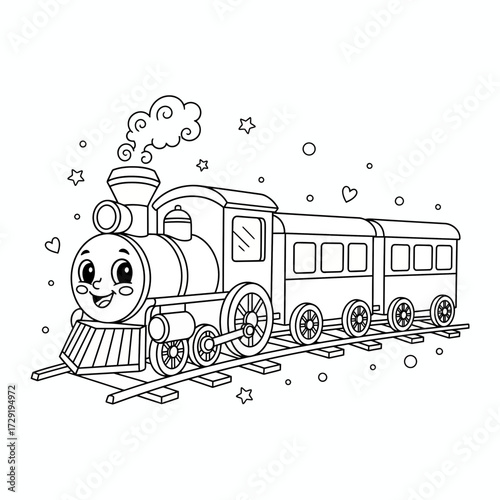 Cartoon train with a smiling face and passenger cars on tracks surrounded by stars and circles outline