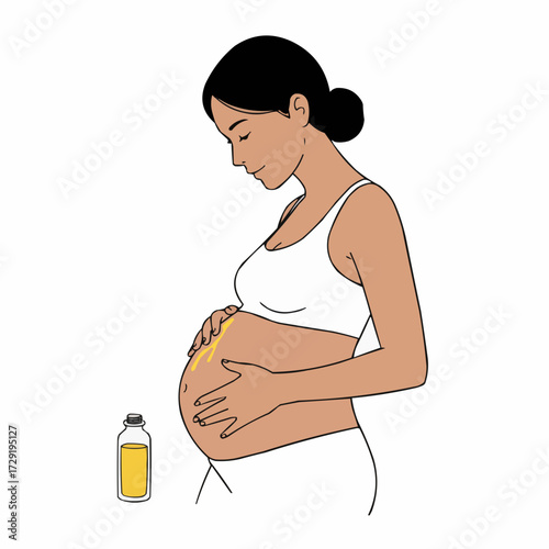 Pregnant woman applying oil on belly while smiling and relaxing  