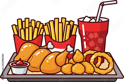 Cartoon Vector Illustration of Crunchy Fast Food Tray with Fried Chicken, Nuggets, Onion Rings, French Fries, Iced Soda, and Ketchup
