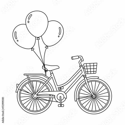 A line drawing of a bicycle with a basket and three balloons tied to the seat on a white background