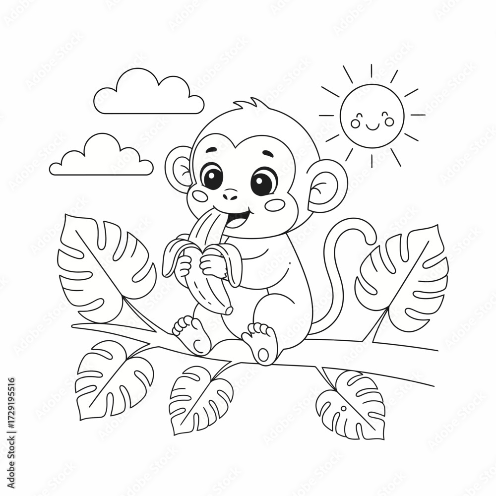 Fototapeta premium Cute monkey sitting on a branch eating a banana with leaves clouds and a smiling sun in black and white