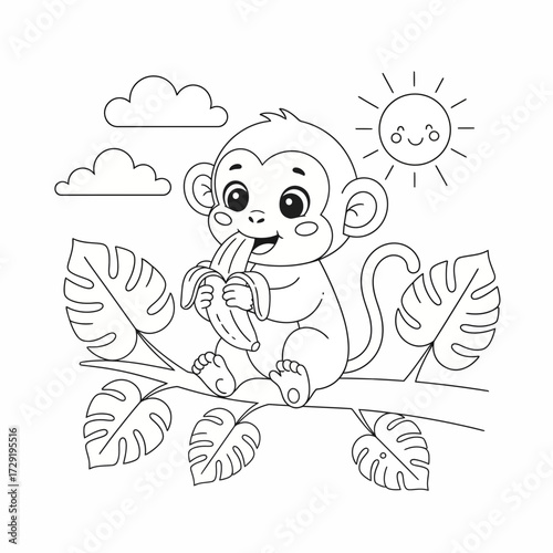 Cute monkey sitting on a branch eating a banana with leaves clouds and a smiling sun in black and white