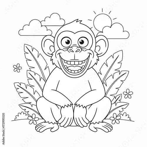 A cartoon monkey smiling with large teeth sitting amongst leaves flowers clouds and the sun in black and white