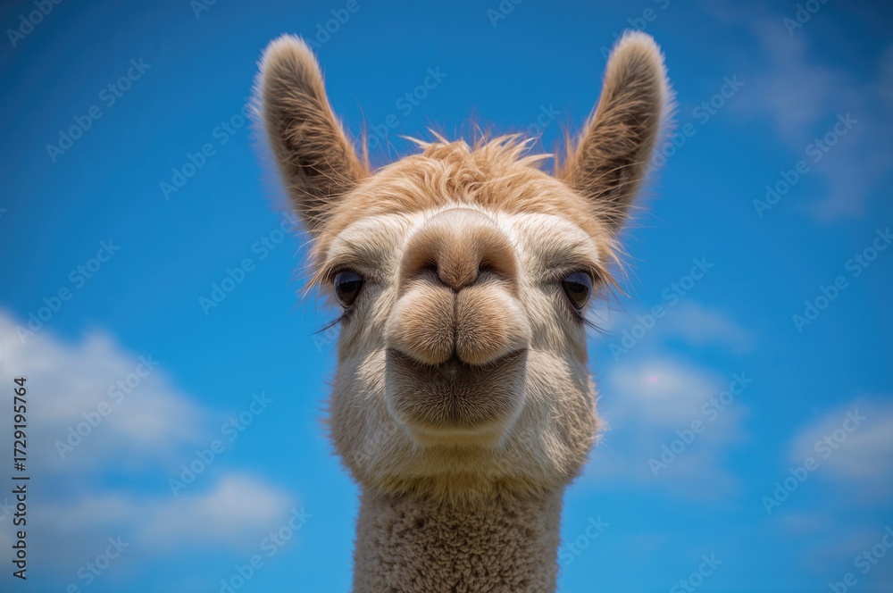 Obraz premium Close-up of an alpaca's face with a clear blue sky behind it