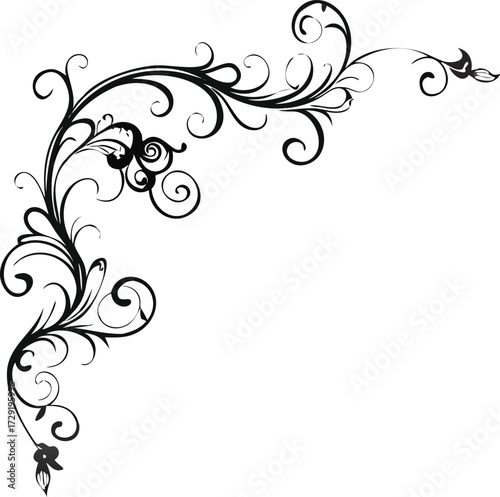 Intricate black floral corner design isolated on white background, perfect for adding a touch of sophistication to any creative project