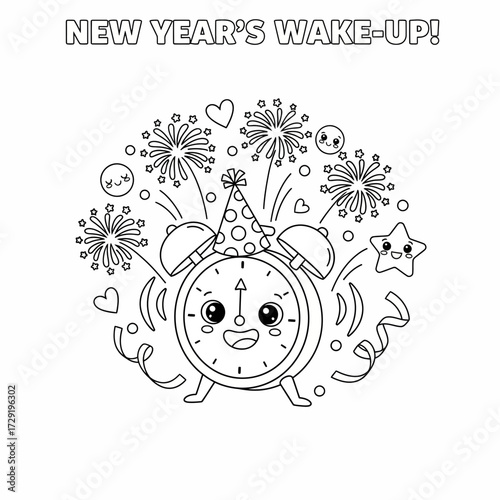 Illustration of a cartoon alarm clock with party hat surrounded by fireworks and confetti design for coloring