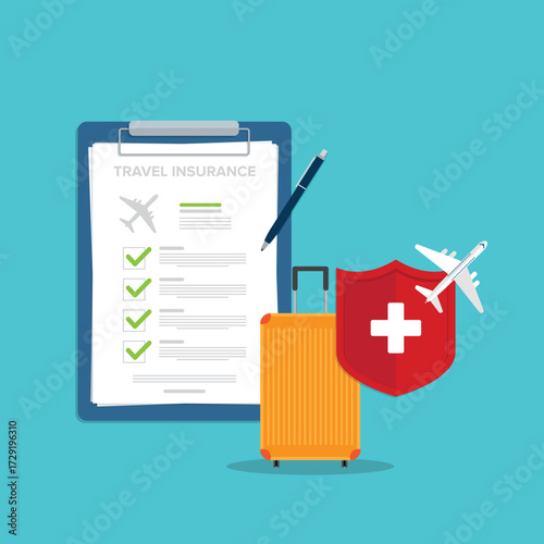 Travel insurance. Traveling luggage suitcase and airplane trip protect. Plane flight safety symbol. Aircraft journey risk protection.	