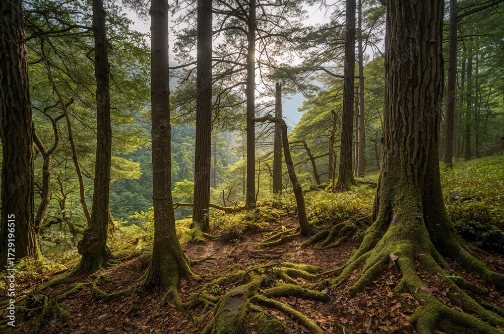 Fototapeta premium Stunning ancient cypress and cedar woodland with moss-covered roots in a famous mountain reserve