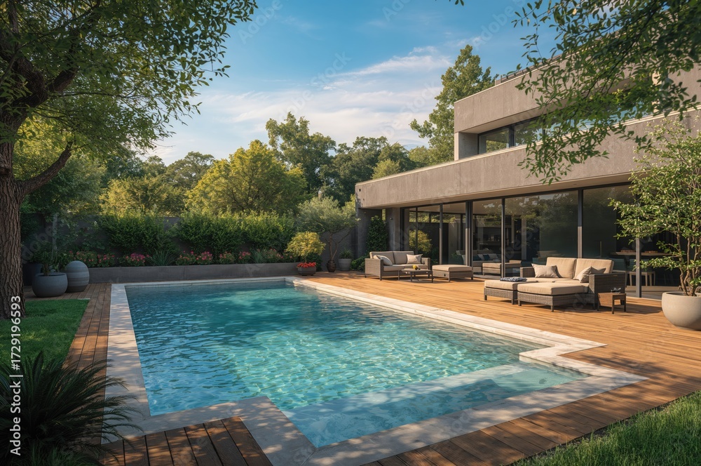 Fototapeta premium Outdoor patio area featuring a swimming pool