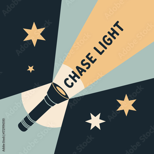 Flashlight beam illuminates night sky with stars and text chase light concept design graphic element vector