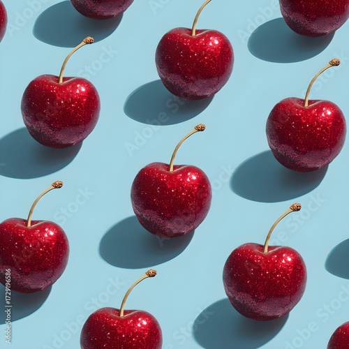 glittery red cherry pattern on a bright blue background vibrant modern wallpaper creative composition