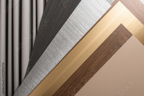 Detailed look at various interior material samples such as ceramic tiles, quartz, grey fabric, metallic laminates, wooden veneers, and beige leather laminates in a luxurious and comfortable design