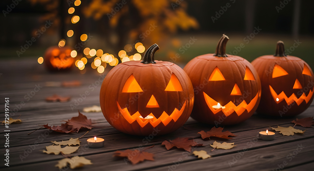 Fototapeta premium Halloween Magic Three Jack-o'-Lanterns Glowing on a Wooden Table with Autumn Leaves