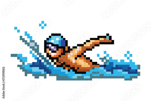 Pixel Art Swimmer Character Sprite, 16-bit Athlete for Water RPG Game