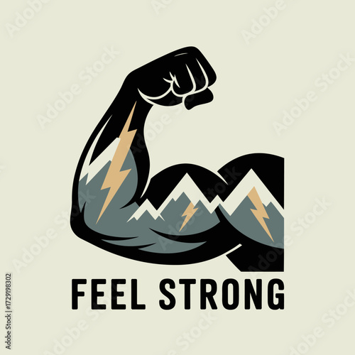 Embrace peak performance muscular arm flexing with mountain landscape symbolizing strength and resilience motivational fitness concept vector