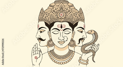 The three-faced Hindu deity Brahma, in a meditative state.