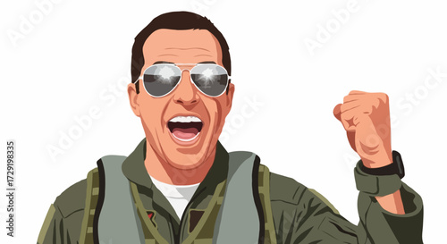 A male pilot wearing mirrored sunglasses celebrates his success with a triumphant expression.
