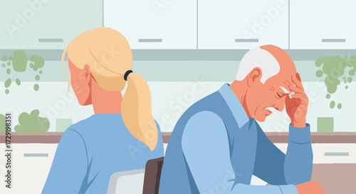 A young woman and an elderly man are upset after an argument in the kitchen of their home, sitting with their backs to each other.