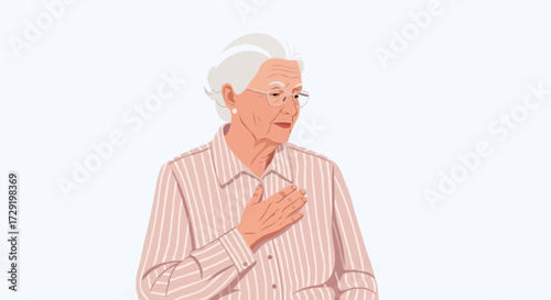 Elderly woman feeling chest pain with concerned expression against white background