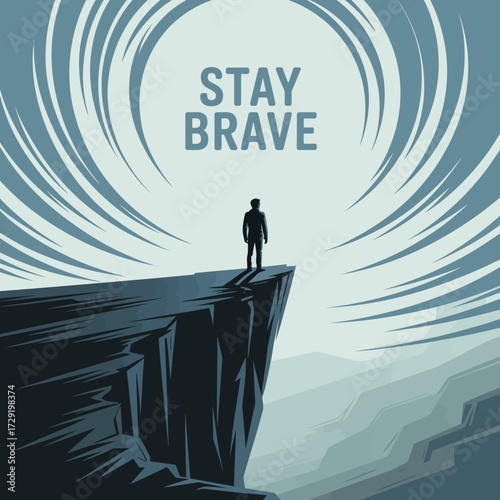 Lone figure standing on cliff edge inspires courage and resilience facing abstract swirling sky vector