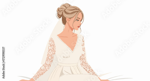Blonde bride in elegant wedding dress with thoughtful and sad expression on her wedding day.