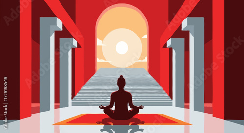 Red decoration of a meditating silhouette of a woman, in a temple, with columns, overlooking the sunrise.