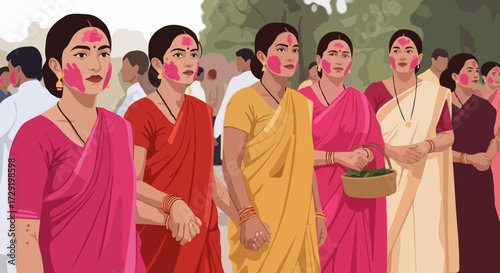Six young Indian women, covered in paint, hold hands and celebrate Holi, wearing traditional attire.