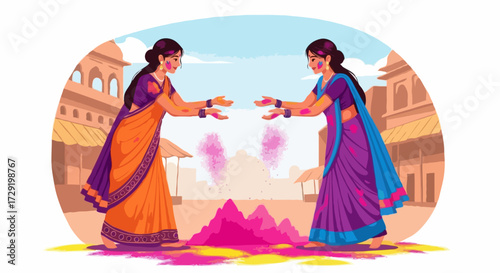 Two women standing opposite each other celebrating Holi, throwing powder, in a festive setting, with a village in the background.