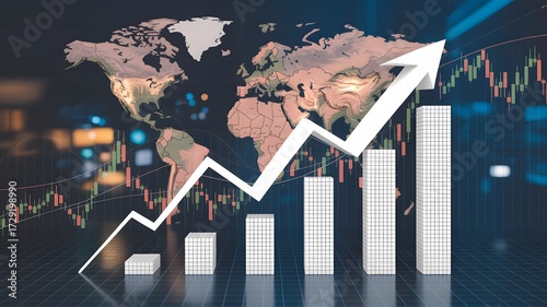 Dynamic global growth chart with upward arrow and world map background signifies booming financial markets and economic success
