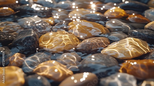 Submerged polished stones in water reflecting sparkling light and shadows
