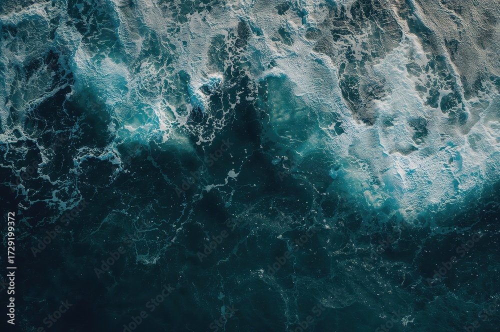 Fototapeta premium Overhead view showcasing the striking contrast of deep blue water and vivid white foam, forming a lively and intense ocean scene.