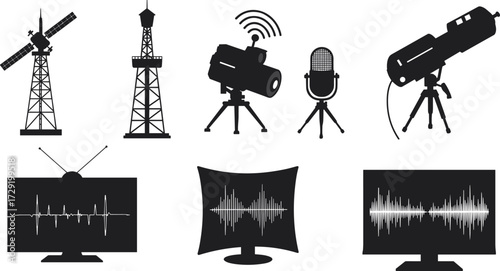 Communication technology silhouettes, radio tower, satellite dish, microphone, telescope, television, monitor screens, broadcasting icons, signal transmission vector illustration