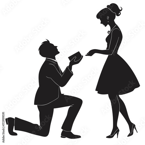 A man proposing to a woman. The man is kneeling on one knee, holding out an open ring box to the woman. The woman stands opposite him, looking down at the box with her hands outstretched to receive it