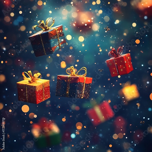 Assorted Gift Boxes in Motion with Festive Bokeh and Sparkles present floating photo
