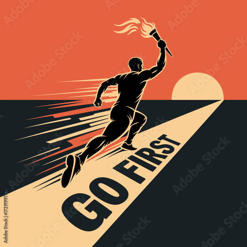 Dynamic silhouette of a determined athlete running towards success symbolized by a setting sun and a motivational go first message vector