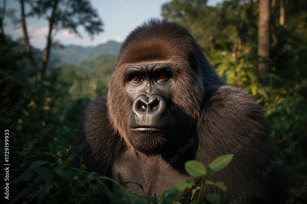 Obraz premium Mature eastern gorilla living in a lush tropical forest habitat
