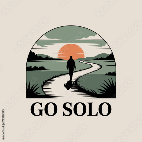 Lone traveler silhouette walking path serene landscape sunset archway inspiring journey adventure freedom go solo vector