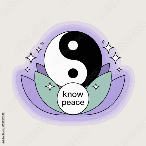 Zen harmony yin yang symbol and lotus flower with 'know peace' text sparkle stars serene spiritual balance concept artistic design vector