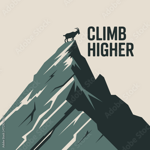 Rugged mountain peak summit reached by lone goat inspiring climb higher message flat design vector