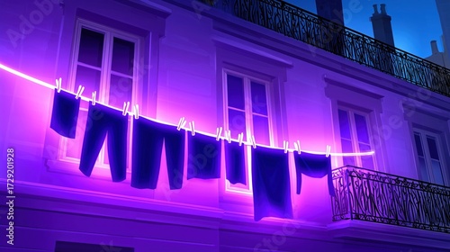 Clothes hanging on a glowing neon line against a building facade at night, creating a vibrant and modern urban scene. Perfect for fashion or lifestyle promotions.
