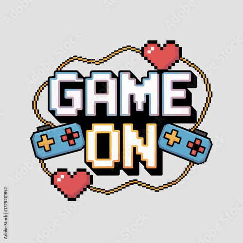 Pixelated game on text with retro gamepads and hearts for gaming enthusiasts and vintage arcade fans vector