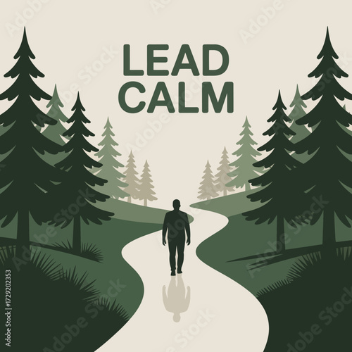 Man walks path through serene forest leading to distant horizon symbolizing calm leadership and inner peace vector