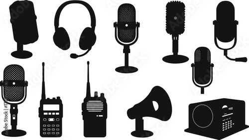 Audio communication device vector set, microphone silhouettes, headset, walkie-talkie, megaphone, radio speaker, broadcast equipment illustration