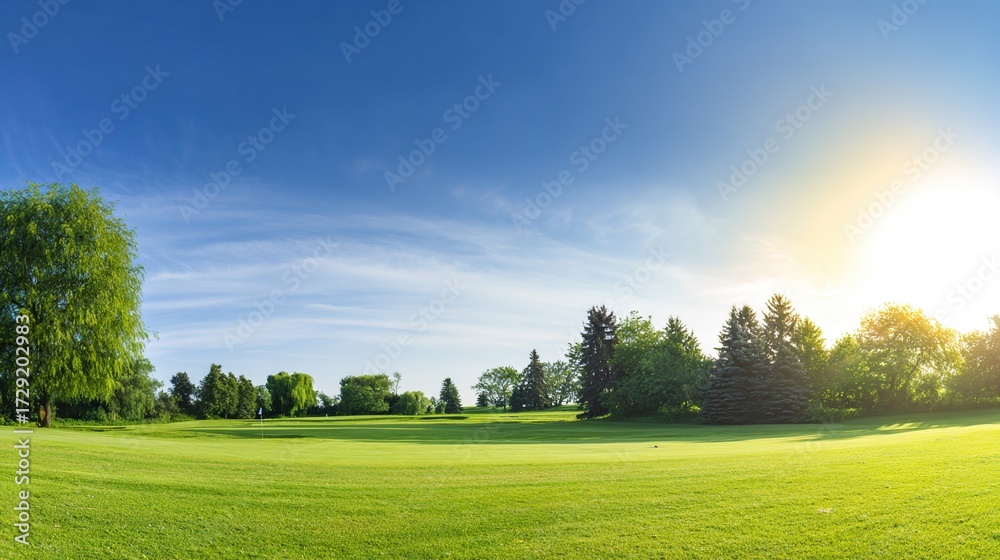 Obraz premium fairway. Vast green golf course under bright sunlight, capturing the tranquility of open landscapes. travel magazines, destination branding, designed for outdoor magazines and nature guides.