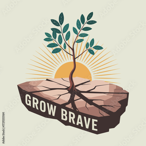 Symbolic growing plant emerging from cracked earth with sun rays inspiring resilience and inner strength vector