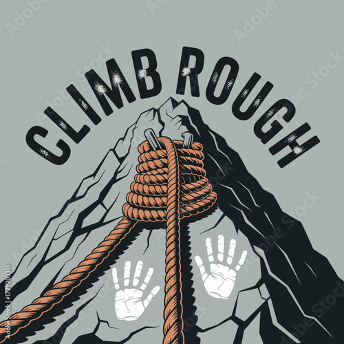 Adventure spirit climbing mountain rope and handprints symbolizing challenge and triumph in outdoor exploration vector