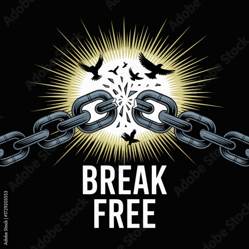 Breaking chains symbolic imagery of freedom birds soaring towards light and hope inspirational concept vector