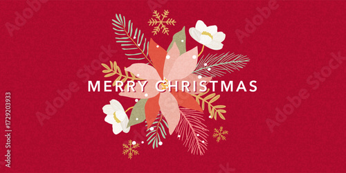 Merry Christmas greeting card, banner, poster, cover. Modern beautiful Xmas art design with hand drawn Poinsettia flowers, holly berries, fir branches, snowflakes pattern and typography.