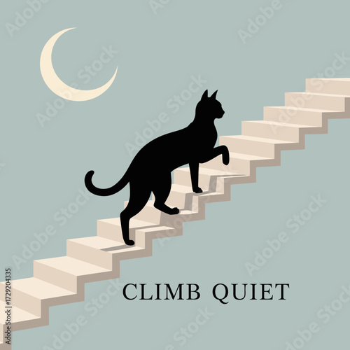 Serene black cat ascending stairs under crescent moon night sky peaceful mood abstract art concept simple design vector