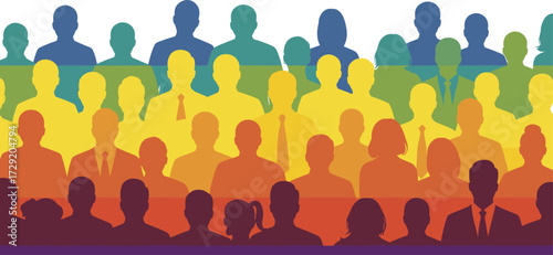 Diversity inclusion silhouettes, colorful community people, workforce unity, teamwork, equality, multicultural society, business crowd, human figures, population, social harmony, collaboration